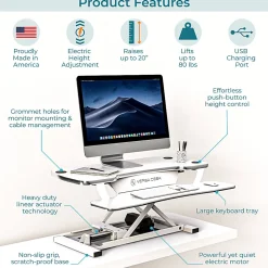 VersaDesk PowerPro Sit-To-Stand Height-Adjustable Electric Desk Converter, 36"W x 24"D, White