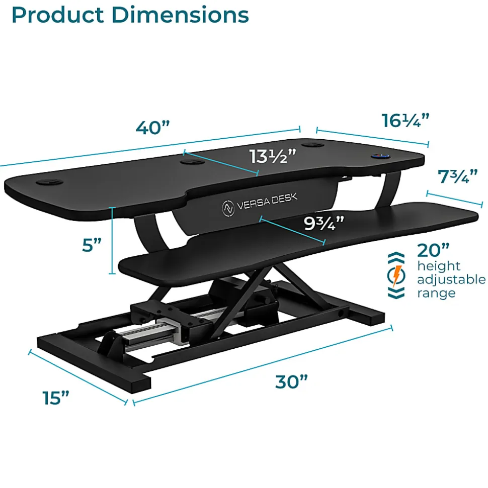 VersaDesk PowerPro Sit-To-Stand Height-Adjustable Electric Desk Converter, 40”W, Black