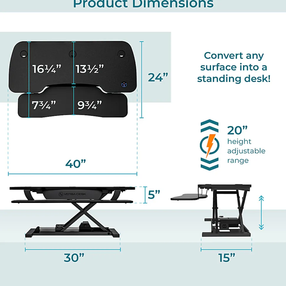 VersaDesk PowerPro Sit-To-Stand Height-Adjustable Electric Desk Converter, 40”W, Black