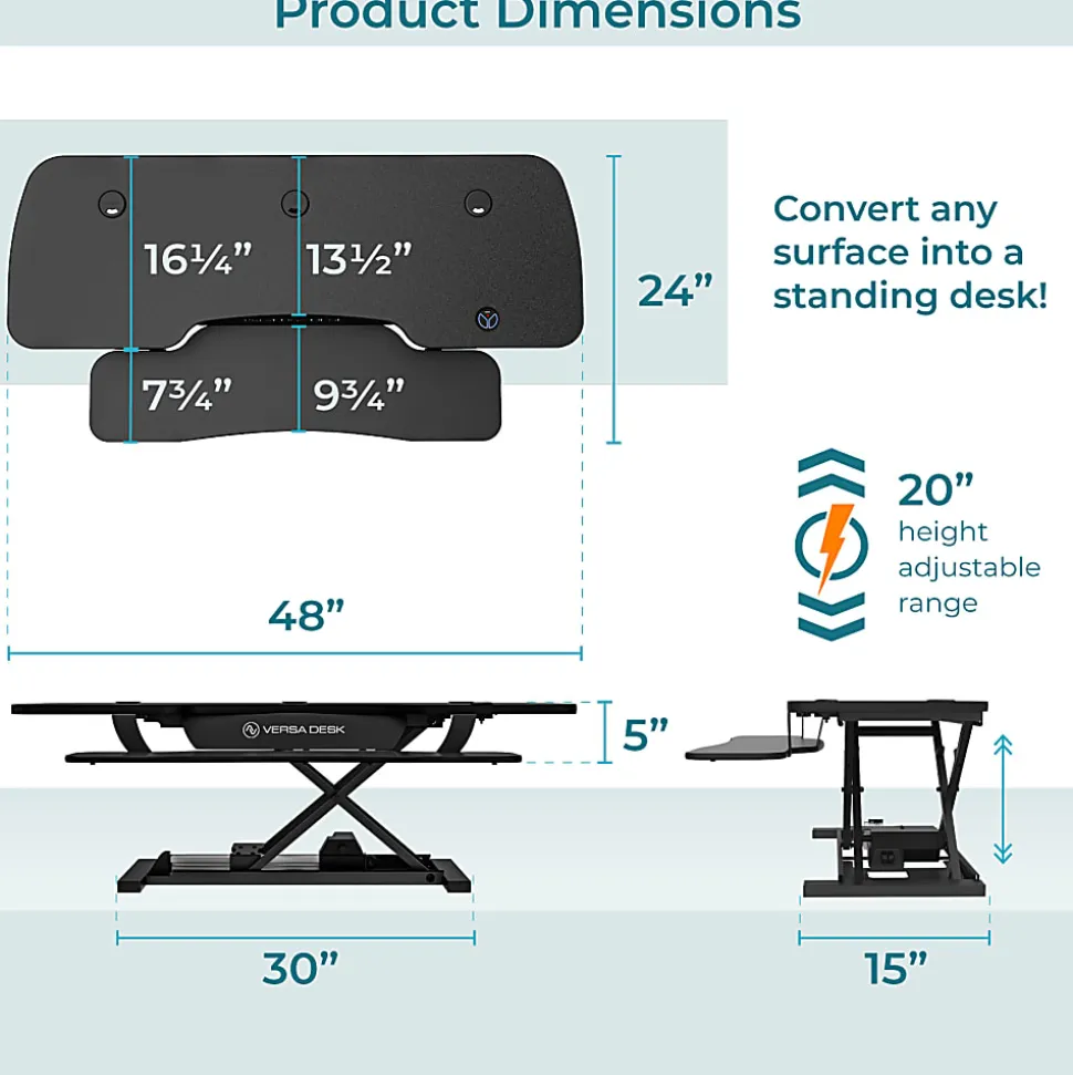 VersaDesk PowerPro Sit-To-Stand Height-Adjustable Electric Desk Converter, 48”W, Black