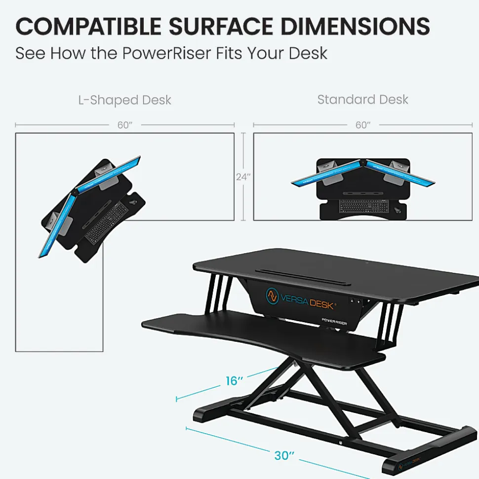 VersaDesk Power Riser Electric Height Adjustable Standing Desk Converter Desk Riser with Keyboard Tray & Device Stand, 32"W x 24"D, Black
