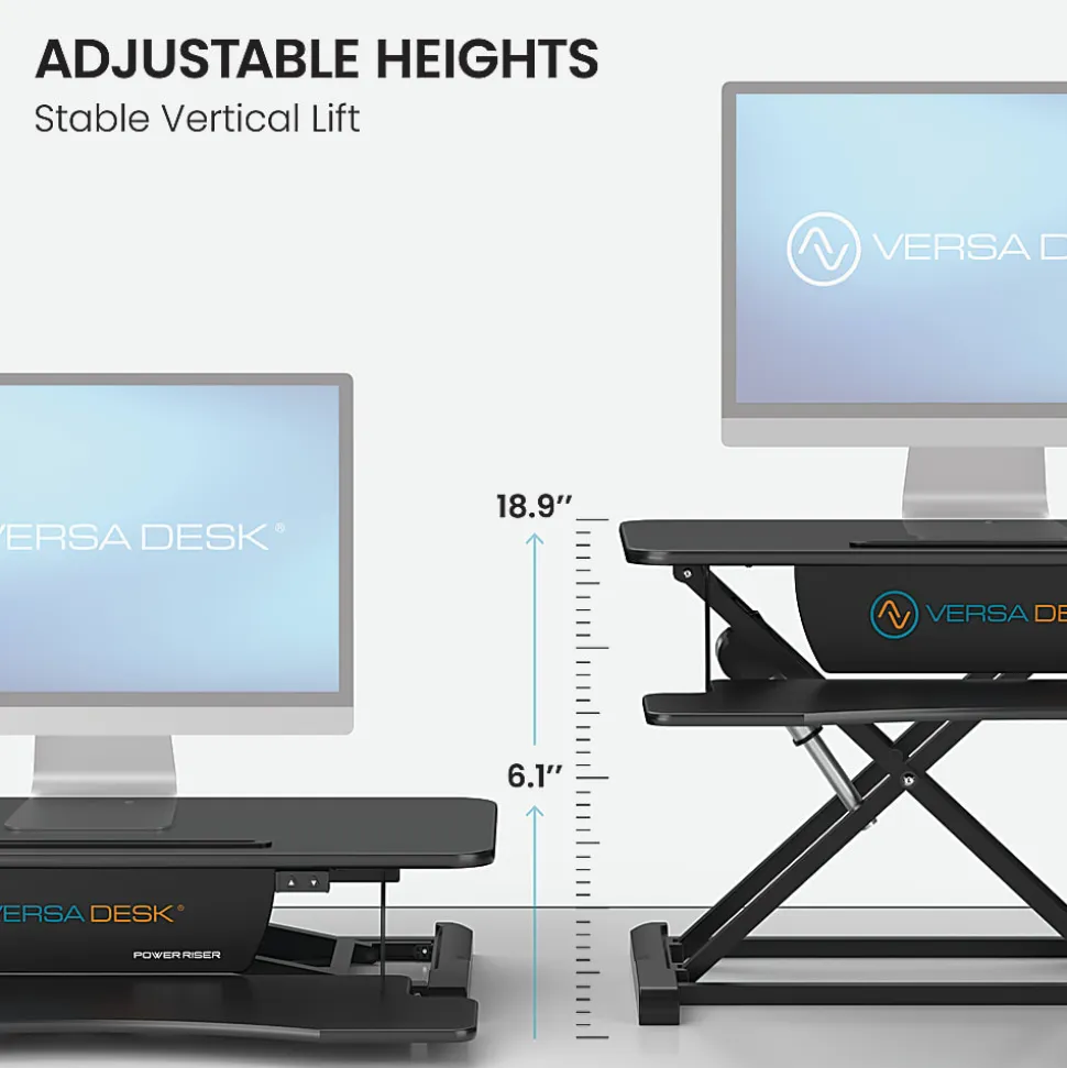 VersaDesk Power Riser Electric Height Adjustable Standing Desk Converter Desk Riser with Keyboard Tray & Device Stand, 32"W x 24"D, Black