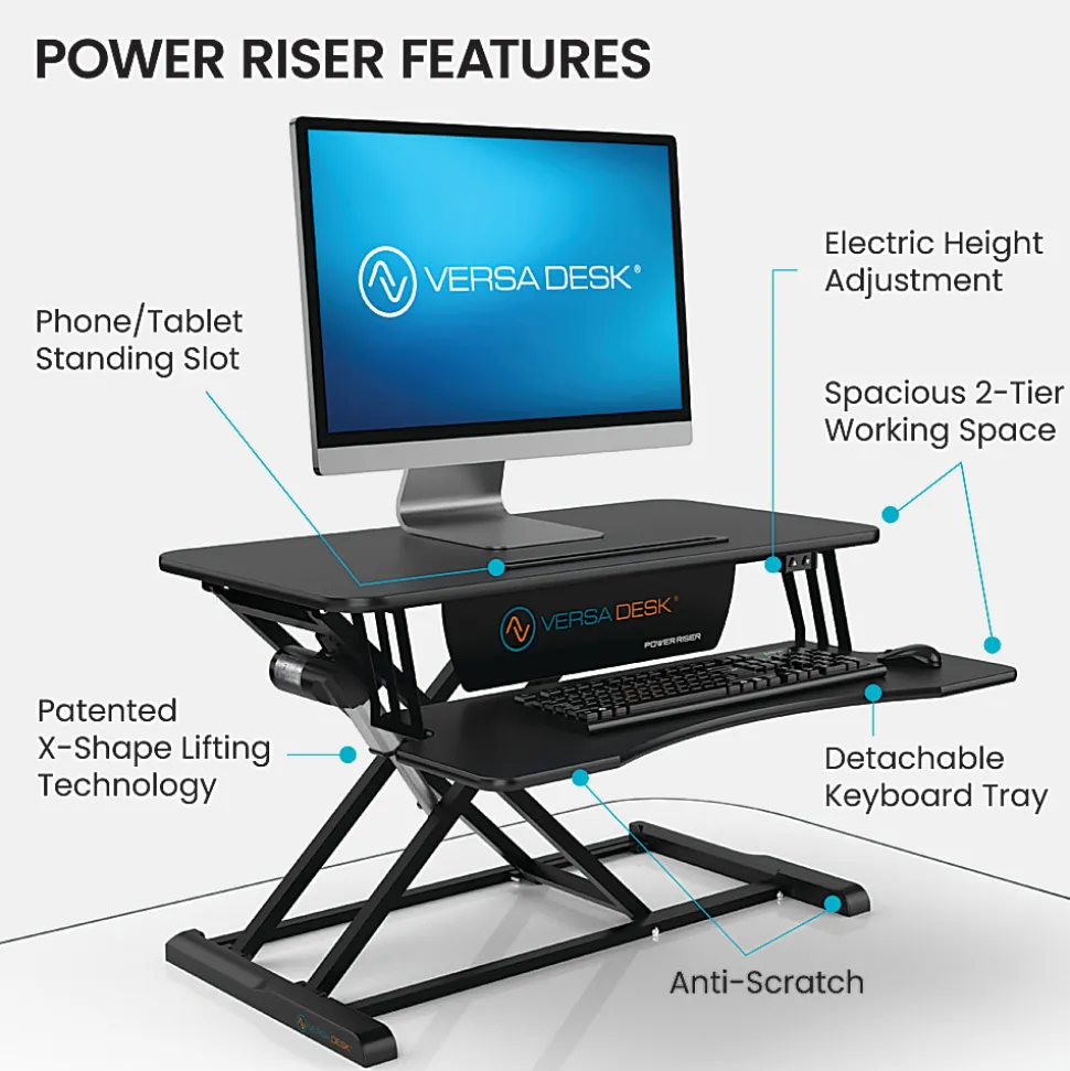 VersaDesk Power Riser Electric Height Adjustable Standing Desk Converter Desk Riser with Keyboard Tray & Device Stand, 32"W x 24"D, Black