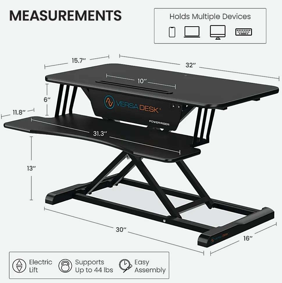 VersaDesk Power Riser Electric Height Adjustable Standing Desk Converter Desk Riser with Keyboard Tray & Device Stand, 32"W x 24"D, Black