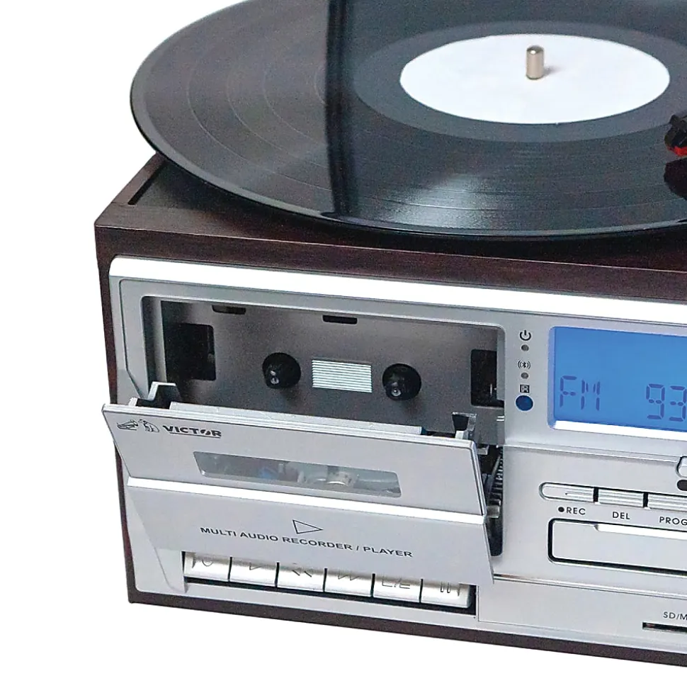 Victor Cosmopolitan VWRP-4200 Dual-Bluetooth® Belt-Drive 8-In-1 Music Center With Turntable And FM Radio, 11.6"H x 7.9"W x 12.8"D, Brown