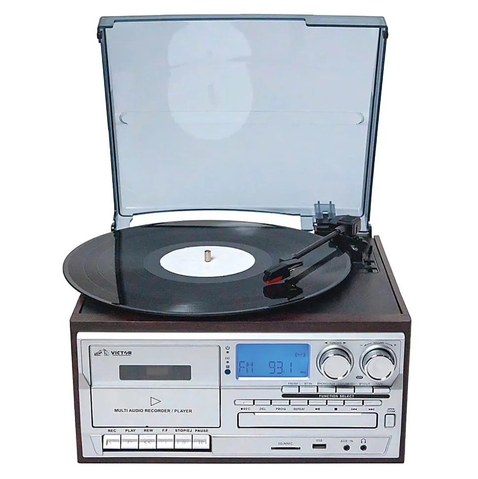 Victor Cosmopolitan VWRP-4200 Dual-Bluetooth® Belt-Drive 8-In-1 Music Center With Turntable And FM Radio, 11.6"H x 7.9"W x 12.8"D, Brown