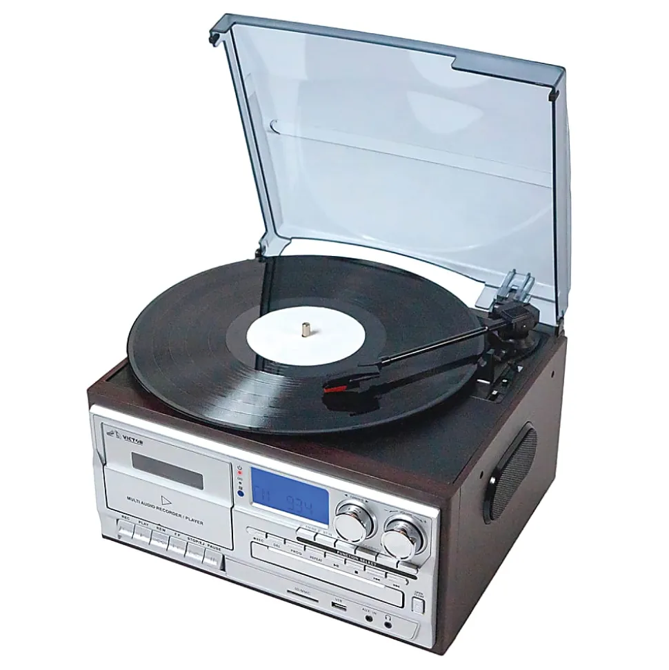 Victor Cosmopolitan VWRP-4200 Dual-Bluetooth® Belt-Drive 8-In-1 Music Center With Turntable And FM Radio, 11.6"H x 7.9"W x 12.8"D, Brown