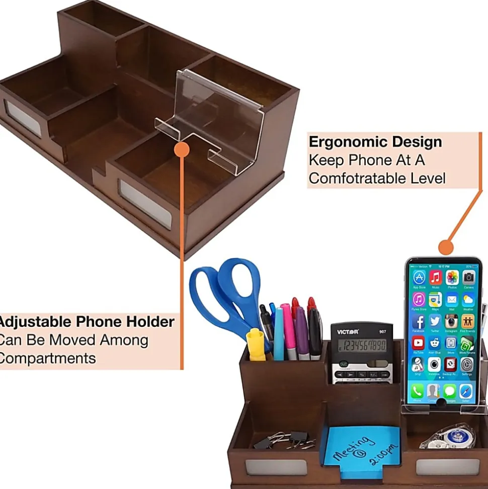 Victor Heritage Wood H9525 Desk Organizer - 6 Compartment(s) - 5.5" x 10.4"x 3.5" Depth - Desktop - Wood Grain - Wood, Acrylic, Frosted Glass - 1 Each