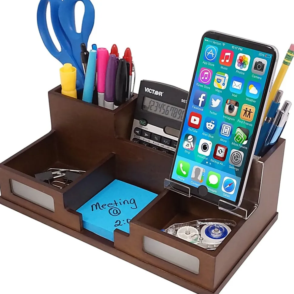 Victor Heritage Wood H9525 Desk Organizer - 6 Compartment(s) - 5.5" x 10.4"x 3.5" Depth - Desktop - Wood Grain - Wood, Acrylic, Frosted Glass - 1 Each