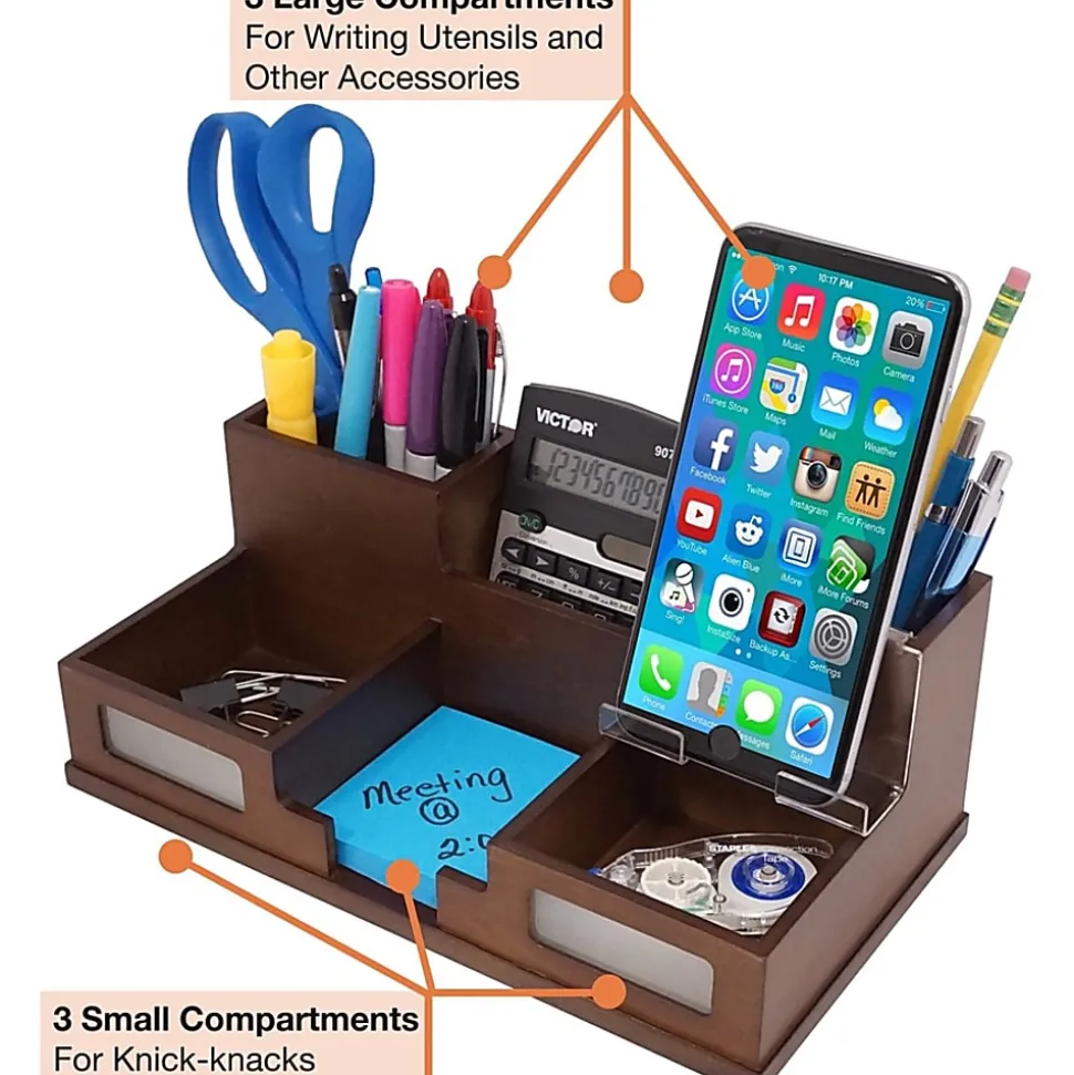 Victor Heritage Wood H9525 Desk Organizer - 6 Compartment(s) - 5.5" x 10.4"x 3.5" Depth - Desktop - Wood Grain - Wood, Acrylic, Frosted Glass - 1 Each