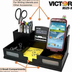 Victor® Midnight Black Collection™ Desk Organizer With Smartphone Holder, 5 1/2"H x 10 1/2"W x 3 1/2"D, Black