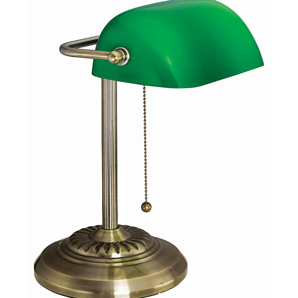 Victory Light Banker's Brass Desk Lamp - 12.5" - 10 W LED Bulb - Hanging Chain, Durable - Metal - Desk Mountable - Brass, Green - - 9B101AB