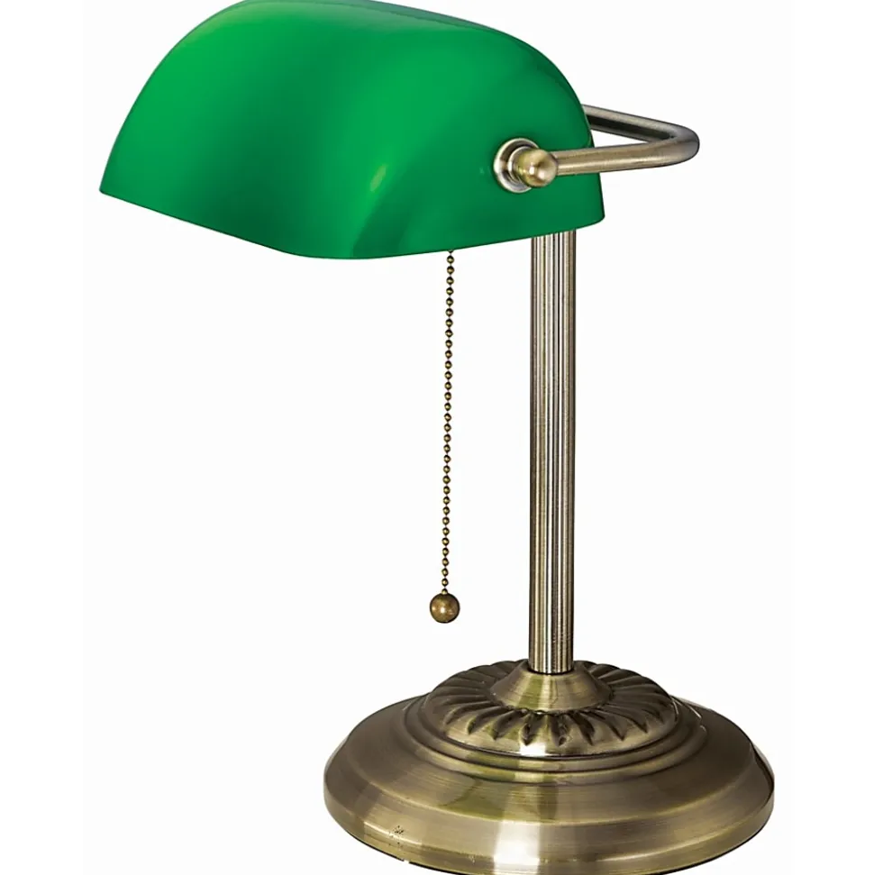 Victory Light Banker's Brass Desk Lamp - 12.5" - 10 W LED Bulb - Hanging Chain, Durable - Metal - Desk Mountable - Brass, Green - - 9B101AB