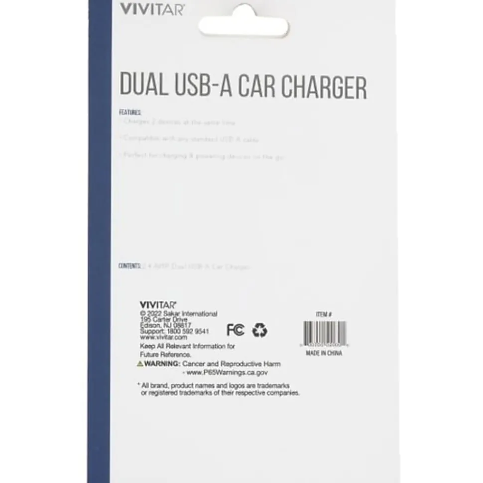 Vivitar Dual USB-A Car Charger, Black, NIL6001-BLK-STK-24