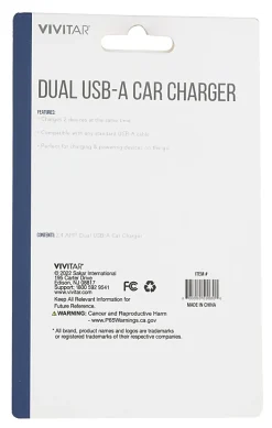 Vivitar Dual USB-A Car Charger, Black, NIL6001-BLK-STK-24