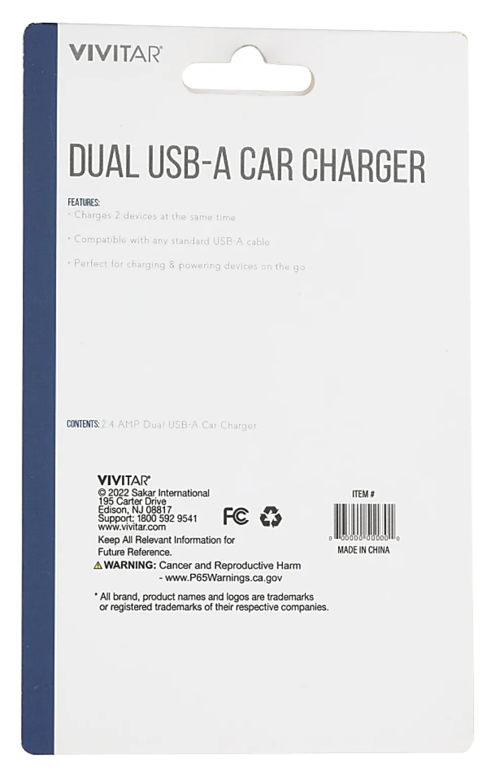Vivitar Dual USB-A Car Charger, Black, NIL6001-BLK-STK-24
