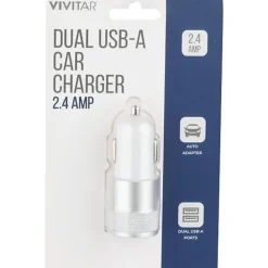Vivitar Dual USB-A Car Charger, White, NIL6001-WHT-STK-24