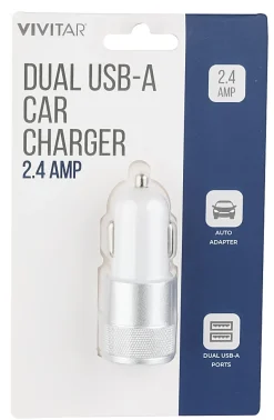 Vivitar Dual USB-A Car Charger, White, NIL6001-WHT-STK-24
