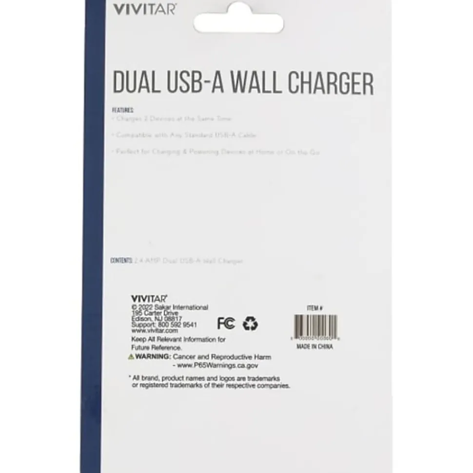 Vivitar Dual USB-A Wall Charger, Black, NIL6002-BLK-STK-24