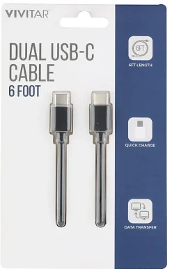 Vivitar Dual USB-C Charging Cable, 6', Black, NIL3006-BLK-STK-24