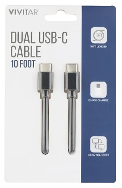 Vivitar Dual USB-C Charging Cable, 10', Black, NIL3010-BLK-STK-24