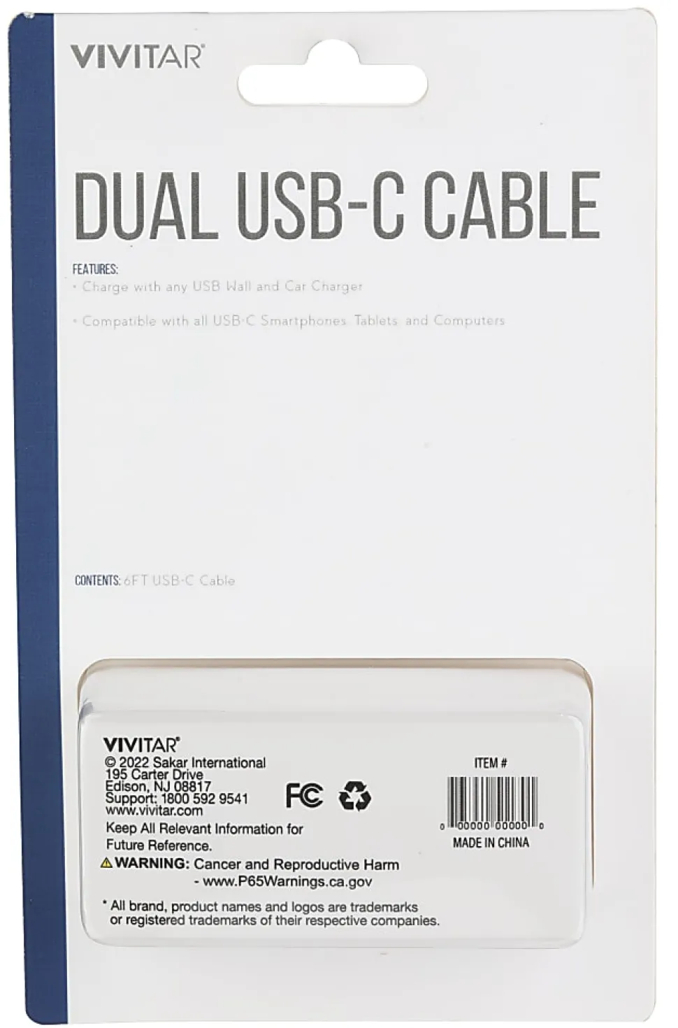 Vivitar Dual USB-C Charging Cable, 6', White, NIL3006-WHT-STK-24