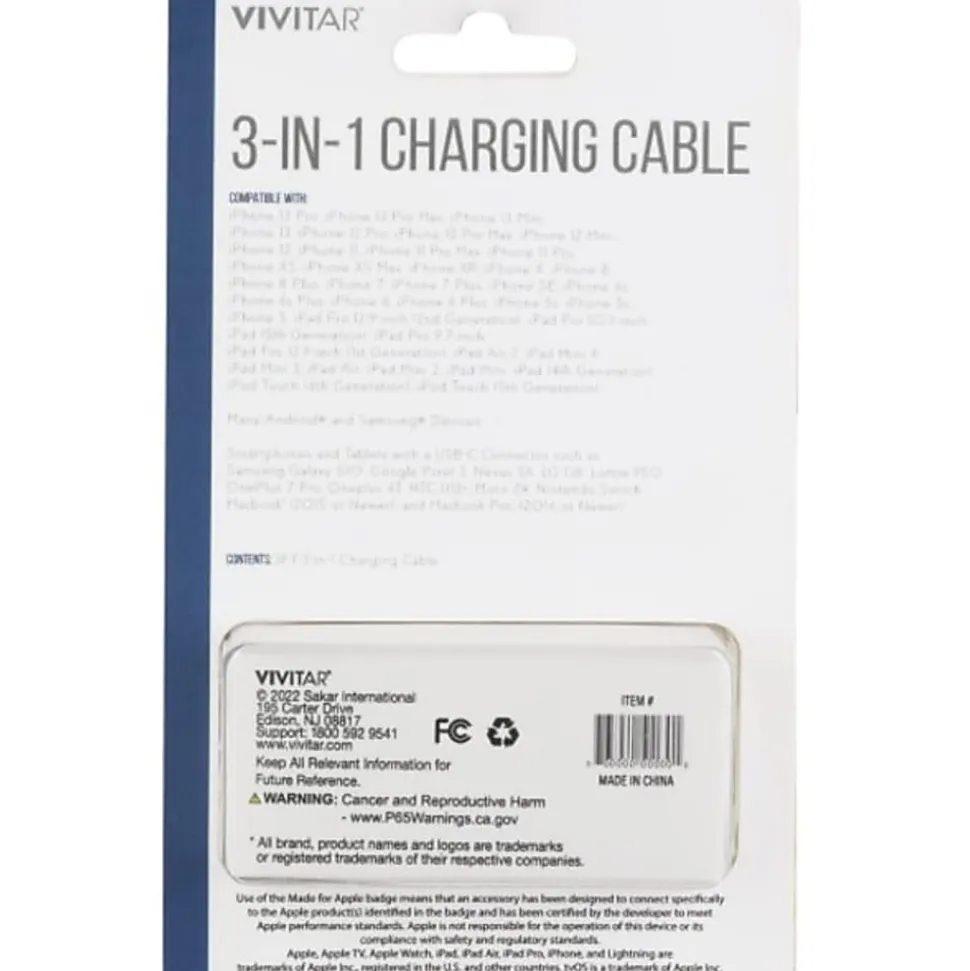 Vivitar 3-in-1 Charging Cable, 3', Black, NIL2001-BLK-STK-24