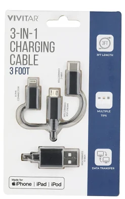 Vivitar 3-in-1 Charging Cable, 3', Black, NIL2001-BLK-STK-24