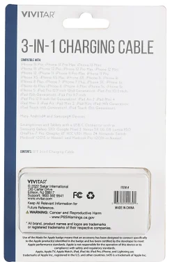 Vivitar 3-in-1 Charging Cable, 3', Black, NIL2001-BLK-STK-24
