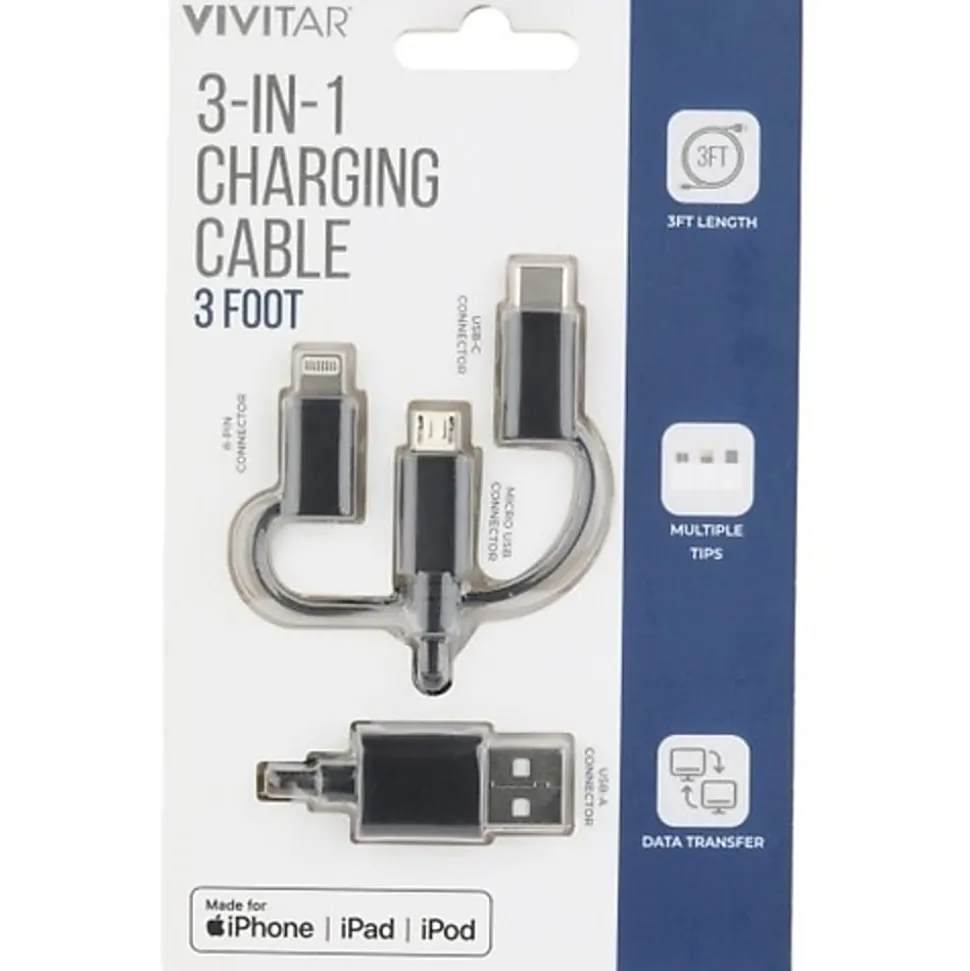 Vivitar 3-in-1 Charging Cable, 3', Black, NIL2001-BLK-STK-24