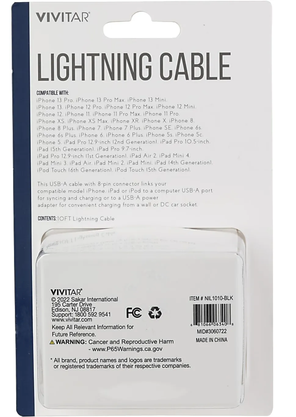Vivitar Lightning To USB-A Cable, 10', Black, NIL1010-BLK-STK-24