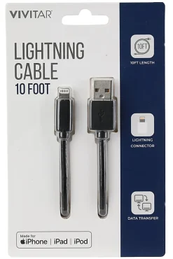 Vivitar Lightning To USB-A Cable, 10', Black, NIL1010-BLK-STK-24