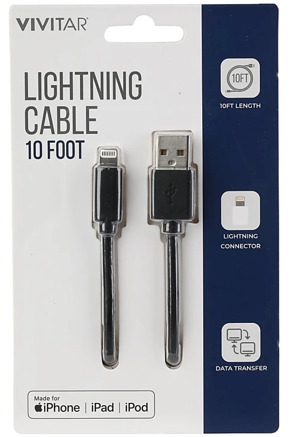 Vivitar Lightning To USB-A Cable, 10', Black, NIL1010-BLK-STK-24