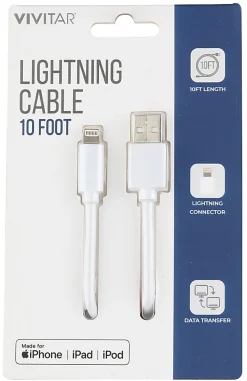 Vivitar Lightning To USB-A Cable, 10', White, NIL1010-WHT-STK-24