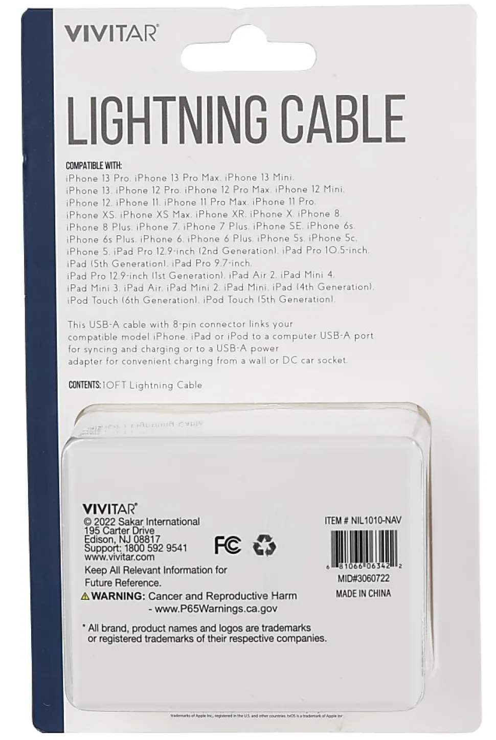Vivitar Lightning To USB-A Cable, 10', Navy, NIL1010-NAV-STK-24