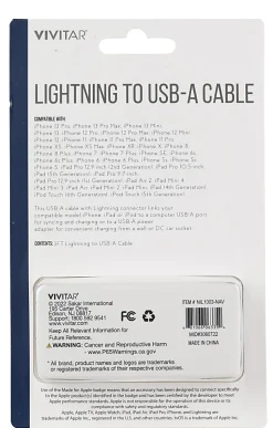 Vivitar Lightning To USB-A Cable, 3', Navy, NIL1003