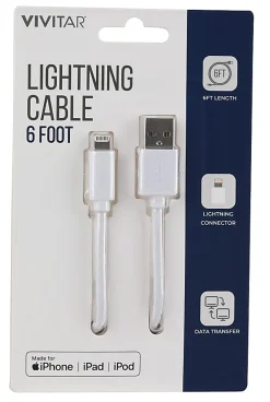 Vivitar Lightning To USB-A Cable, 6', Black, NIL1006-WHT-STK-24