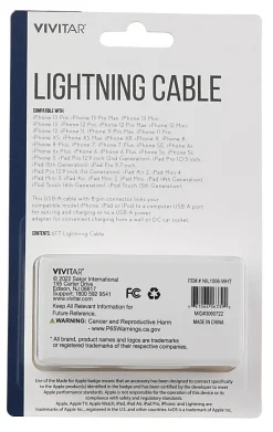 Vivitar Lightning To USB-A Cable, 6', Black, NIL1006-WHT-STK-24