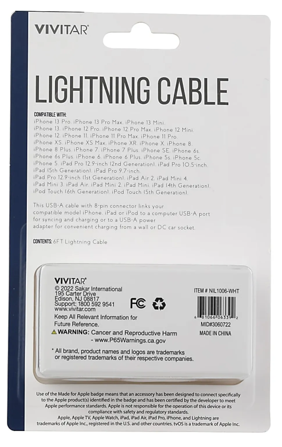 Vivitar Lightning To USB-A Cable, 6', Black, NIL1006-WHT-STK-24
