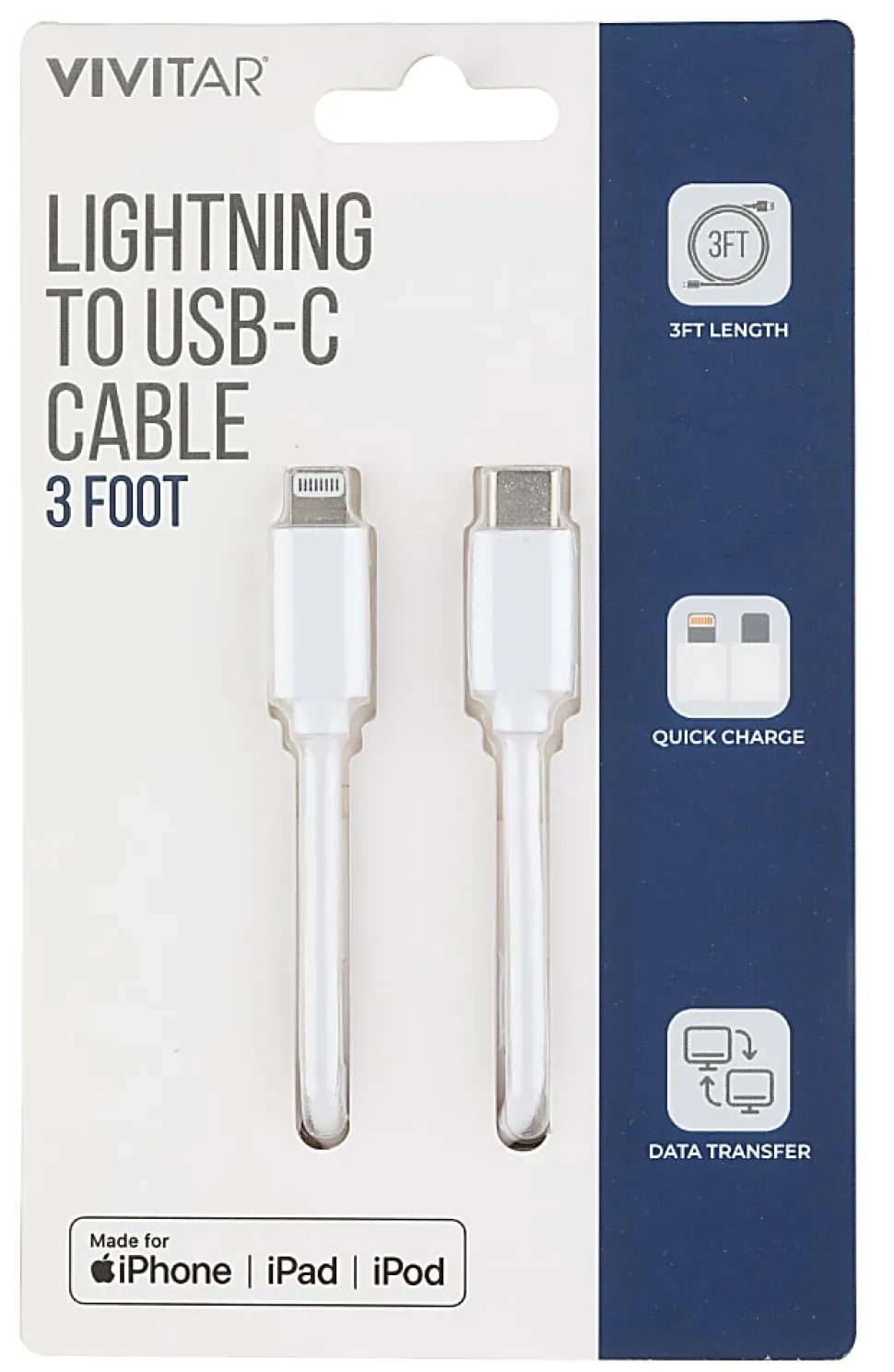 Vivitar Lightning To USB-C Cable, 3', White, NIL3003-WHT-STK-24