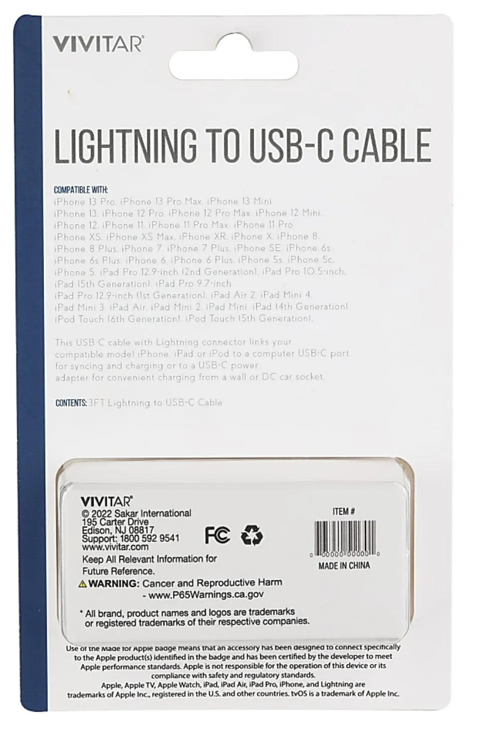 Vivitar Lightning To USB-C Cable, 3', Black, NIL3003-BLK-STK-24