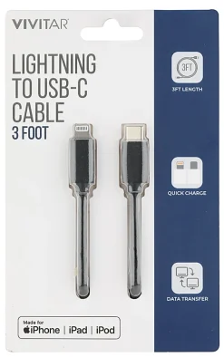 Vivitar Lightning To USB-C Cable, 3', Black, NIL3003-BLK-STK-24