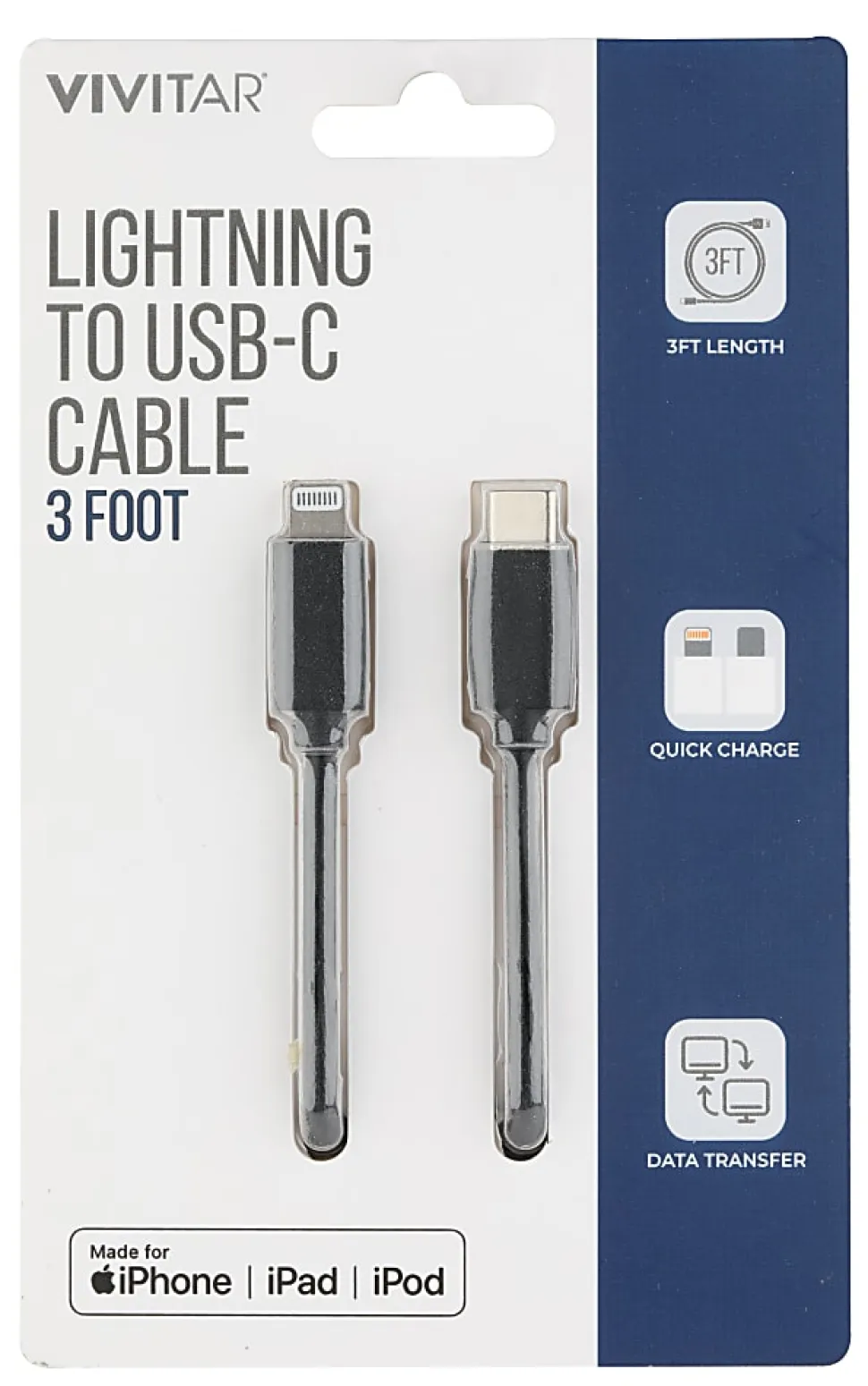 Vivitar Lightning To USB-C Cable, 3', Black, NIL3003-BLK-STK-24