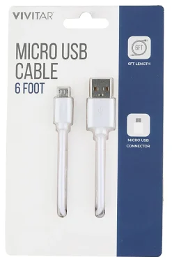 Vivitar USB-A To Micro USB Cable, 6', White, NIL5006-WHT-STK-24