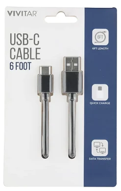 Vivitar USB-A To USB-C Cable, 6', Black, NIL4006-BLK-STK-24