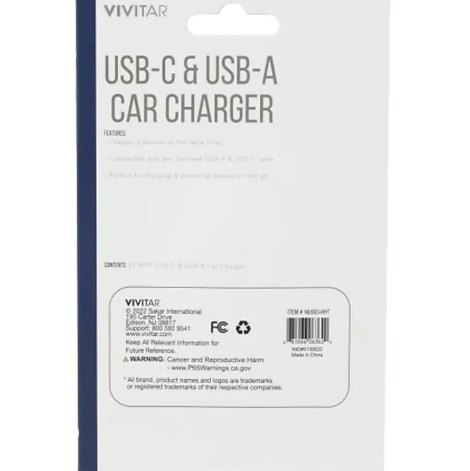 Vivitar USB-C And USB-A Car Charger, White, NIL6003-WHT-STK-24