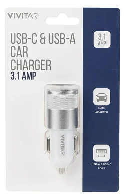 Vivitar USB-C And USB-A Car Charger, White, NIL6003-WHT-STK-24