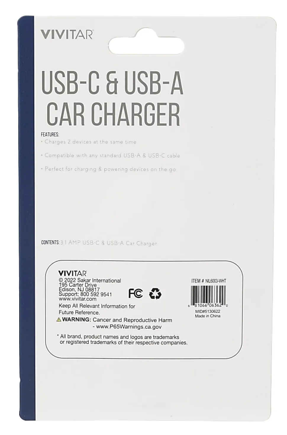Vivitar USB-C And USB-A Car Charger, White, NIL6003-WHT-STK-24
