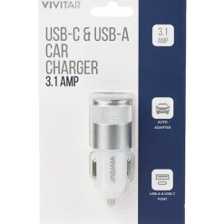 Vivitar USB-C And USB-A Car Charger, White, NIL6003-WHT-STK-24