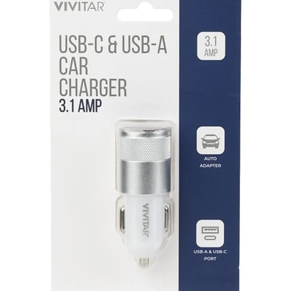 Vivitar USB-C And USB-A Car Charger, White, NIL6003-WHT-STK-24
